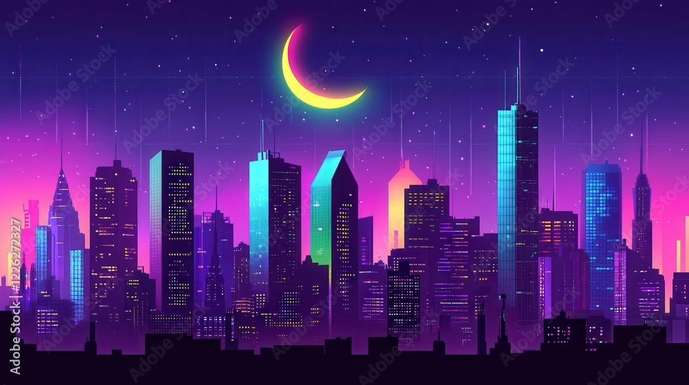 Fototapeta premium Neon City Skyline Night View Under Crescent Moon