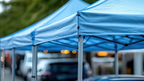 Blue canopies set up in a street, likely for an outdoor event or market.