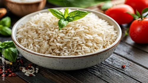 Fresh white rice in bowl with basil, tomatoes, and spices on wooden table, showcasing healthy ingredients for vibrant food experience.
