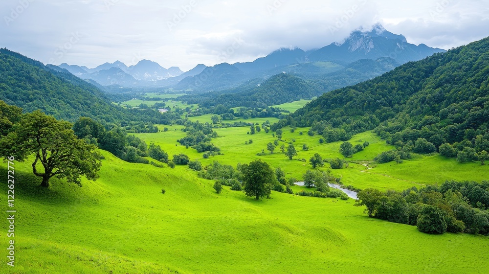 Serene valley landscape with mountains, green fields, and river; ideal for travel brochures Serene valley landscape with mountains, green fields, and river; ideal for travel brochures