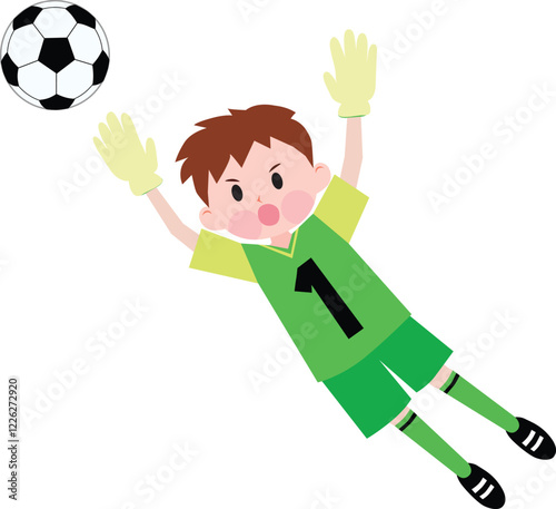 A boy playing soccer wearing green jerseys. Goalkeeper. Jumping. Vector illustration