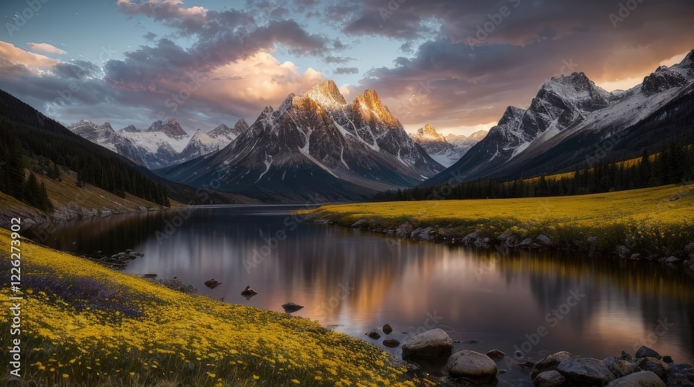 Fototapeta premium Peaceful mountain scene with soft evening light casting reflections on a still alpine lake, surrounded by blooming meadows, lush greenery, and towering snowy peaks under a vibrant and cloudy sky.