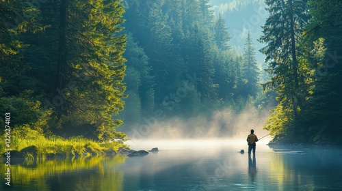 Serene misty morning, lone fisherman on tranquil river, lush green forest backdrop. Perfect for illustrating peace, solitude, or outdoor recreation themes. photo