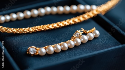 Elegant jewelry display featuring a pearl bracelet and a gold chain.