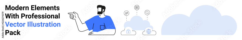 Business person gesturing at cloud storage icons with arrows suggesting data transfer and sharing. Ideal for tech solutions, cloud computing, data management, remote work, collaboration, IT services Business person gesturing at cloud storage icons with arrows suggesting data transfer and sharing. Ideal for tech solutions, cloud computing, data management, remote work, collaboration, IT services