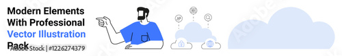 Business person gesturing at cloud storage icons with arrows suggesting data transfer and sharing. Ideal for tech solutions, cloud computing, data management, remote work, collaboration, IT services