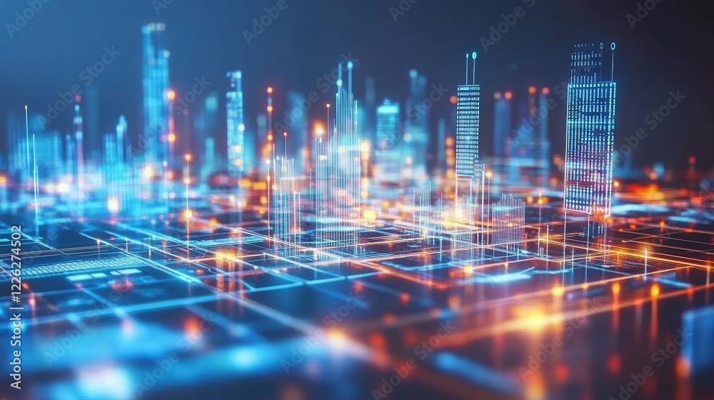 Fototapeta premium Futuristic Cityscape Digital Architecture Illuminated Night