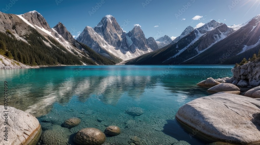 A pristine alpine lake glimmers under the sun, its turquoise waters revealing submerged stones along the shore. Snow-capped peaks tower in the background of this pure natural retreat. A pristine alpine lake glimmers under the sun, its turquoise waters revealing submerged stones along the shore. Snow-capped peaks tower in the background of this pure natural retreat.