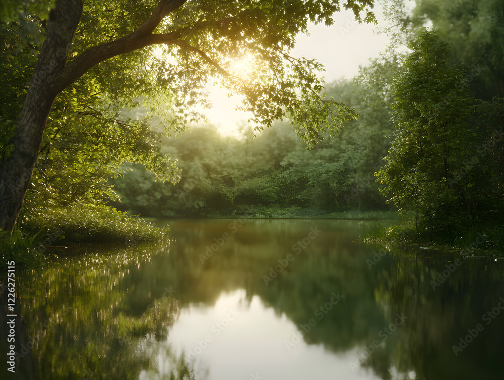 serene lake surrounded by lush greenery and soft sunlight serene lake surrounded by lush greenery and soft sunlight