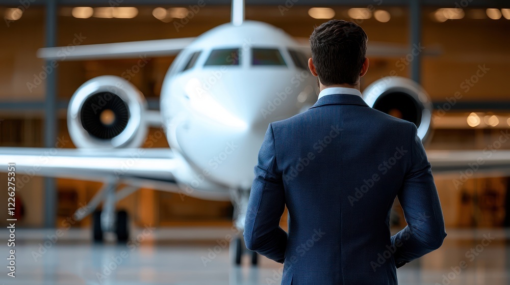 A businessman stands before a private jet, symbolizing luxury travel and success. A businessman stands before a private jet, symbolizing luxury travel and success.