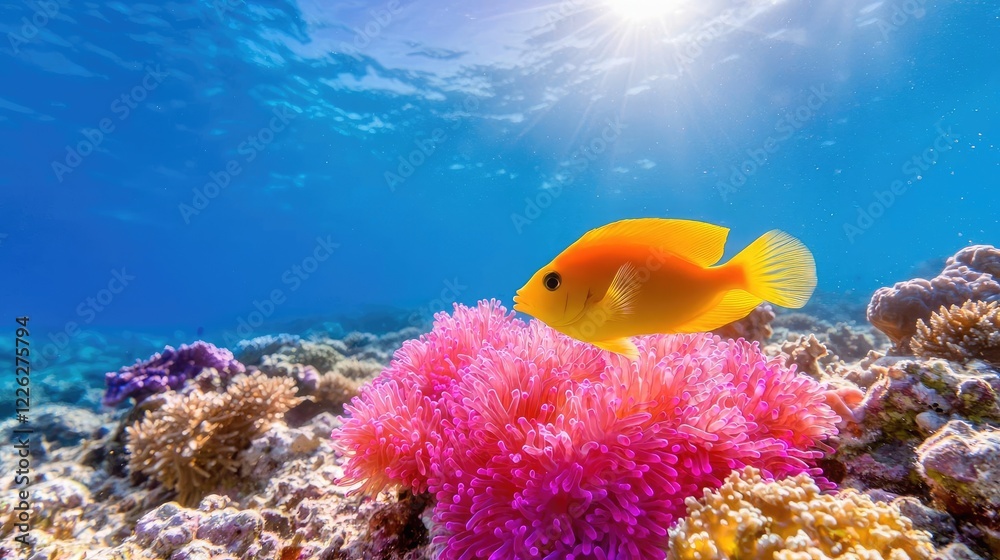 Vibrant yellow fish on coral reef, underwater scene, sunlight Vibrant yellow fish on coral reef, underwater scene, sunlight