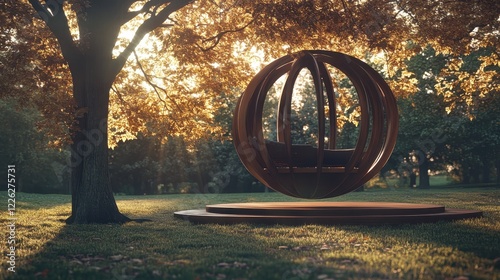 Spherical Wooden Swing Hanging in Autumn Park