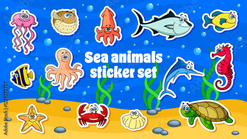 Sea underwater animals stickers pack. Cartoon vector marine creatures like turtle, fish and octopus, jellyfish, crab, seahorse or starfish on seafloor with seaweeds. Playful patches for children decor