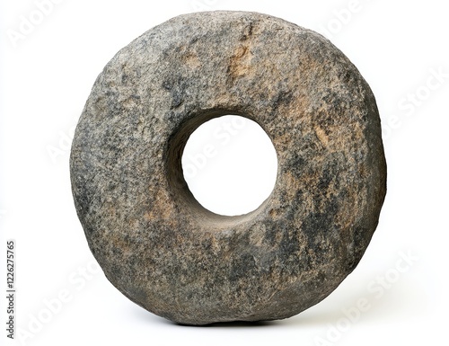 Ancient stone wheel, rough texture, circular shape, isolated on white background.