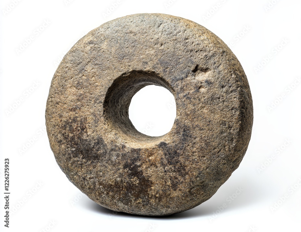 Ancient stone wheel with central hole, isolated on white background. Ancient stone wheel with central hole, isolated on white background.