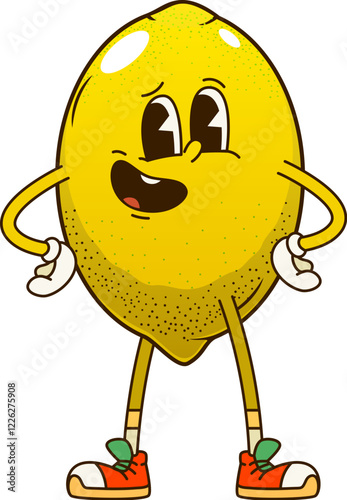 Cartoon retro groovy lemon fruit funny character with funny comic face, vector emoji. Groovy lemon with oops expression and smirky smile, fruit food emoticon character and retro cartoon personage