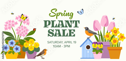 Vector template of spring plant events, sales, markets, festivals or parties with garden flowers in pots, Robin bird, bees, and butterflies. 