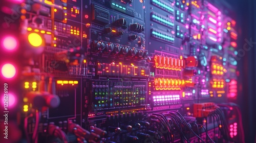 Futuristic illuminated control panel with colorful lights and knobs.