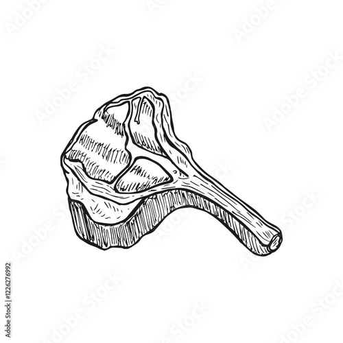 Hand-drawn black outline cartoon sketch of Tomahawk steak food vector.