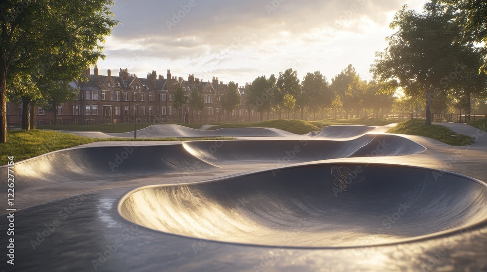 Fototapeta premium Urban Skatepark at Sunset Near Residential Buildings
