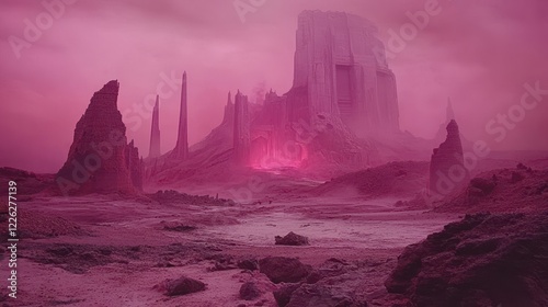 Pink Desert Ruins Ancient City Foggy Landscape