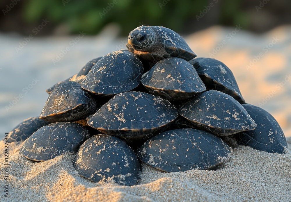 A group of turtles resting on a sandy beach pile under the warm sunlight with a clear blue sky background in a serene coastal environment A group of turtles resting on a sandy beach pile under the warm sunlight with a clear blue sky background in a serene coastal environment