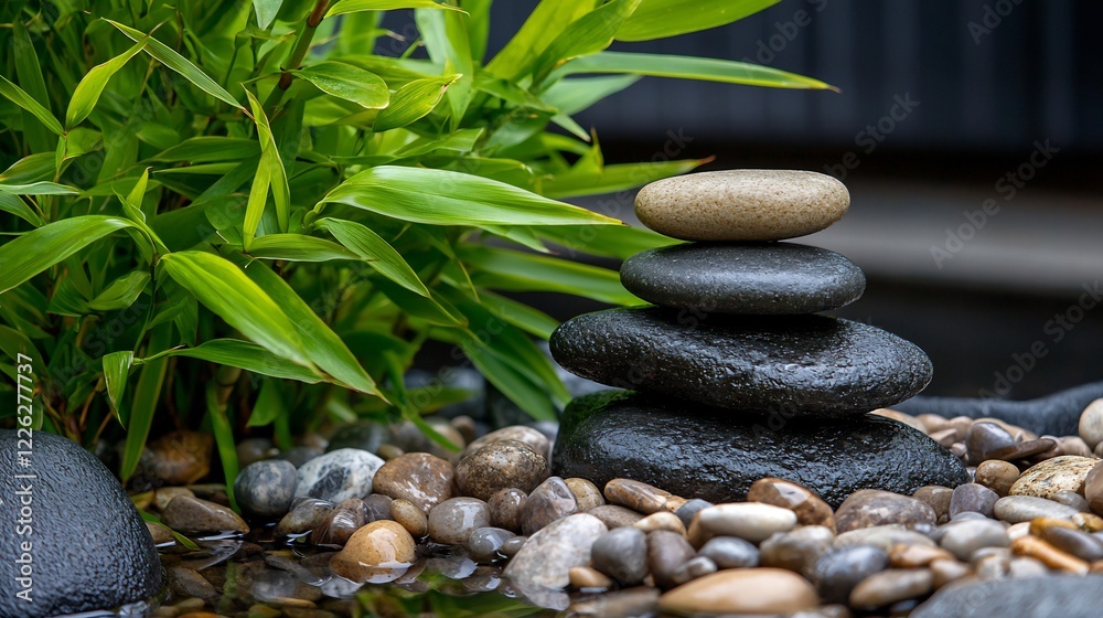 Obraz premium Zen Garden Serenity: Stacked Stones and Lush Bamboo