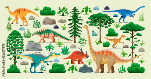 Cartoon prehistoric dinosaur characters, forest trees, plants and rocks. Jurassic dino animals and reptile vector personages, funny brachiosaurus, velociraptor, styracosaurus and polacanthus dinosaurs