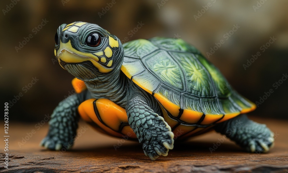 Brightly Colored Turtle Figurine with Detailed Shell Design and Realistic Features on a Wooden Surface Full of Natural Texture Brightly Colored Turtle Figurine with Detailed Shell Design and Realistic Features on a Wooden Surface Full of Natural Texture