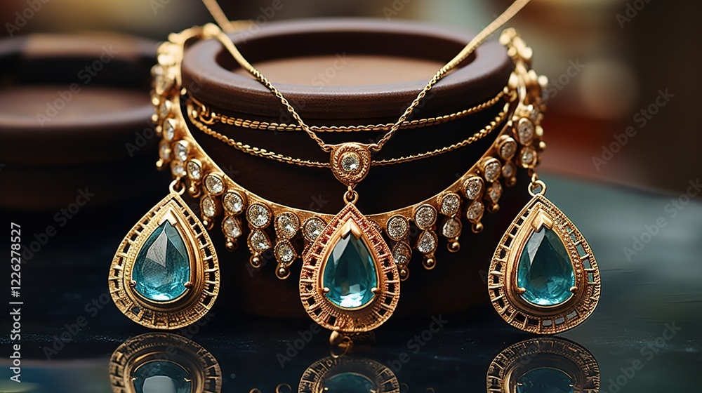 Elegant necklaces with blue gemstones on display stands. Elegant necklaces with blue gemstones on display stands.