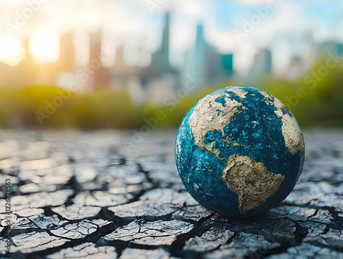 Dry cracked earth, globe, city skyline. Global warming concept photo