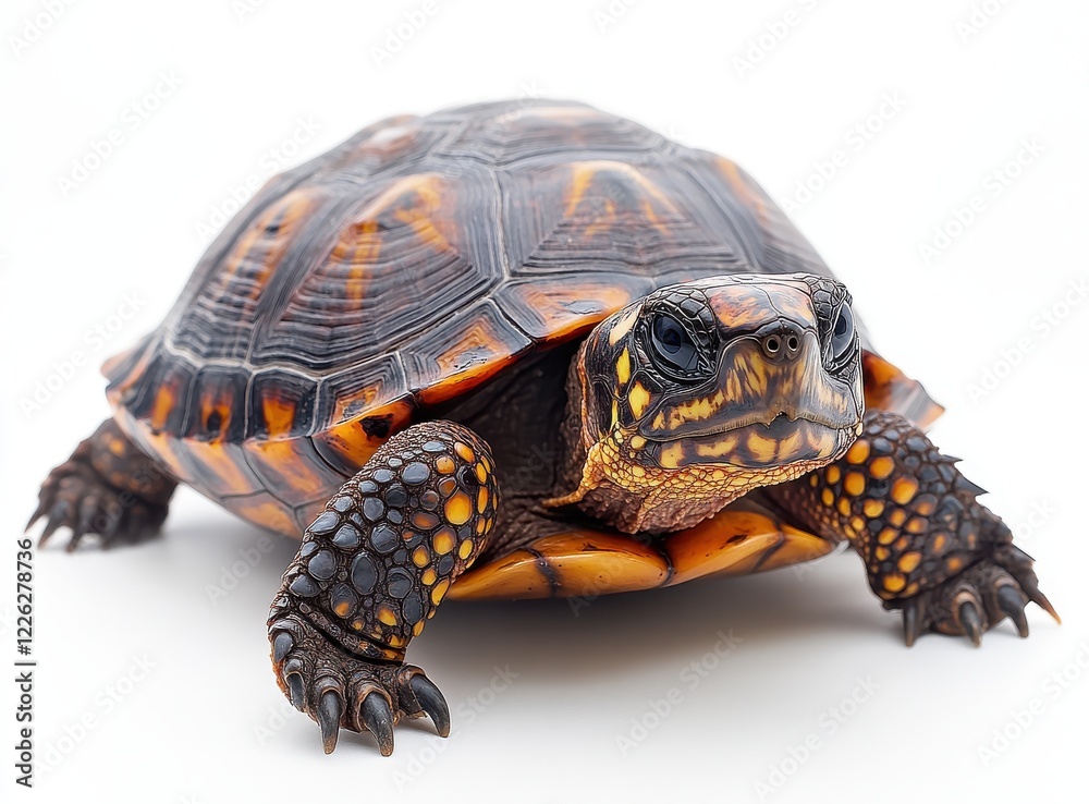 Obraz premium Close-up Image of a Colorful Turtle with Distinct Shell Patterns on a White Background, Perfect for Nature and Wildlife Concepts