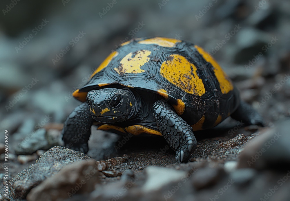 Obraz premium Close-Up of a Beautiful Yellow and Black Turtle Crawling on Rocky Terrain Surrounded by Nature in a Serene and Peaceful Environment