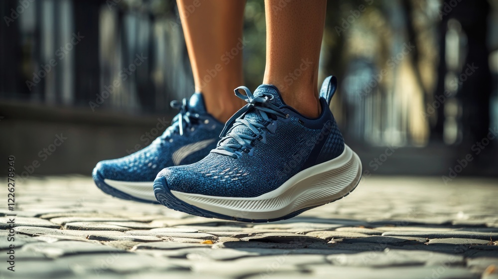 Modern Running Shoes on Cobblestone Street in Urban Environment Modern Running Shoes on Cobblestone Street in Urban Environment