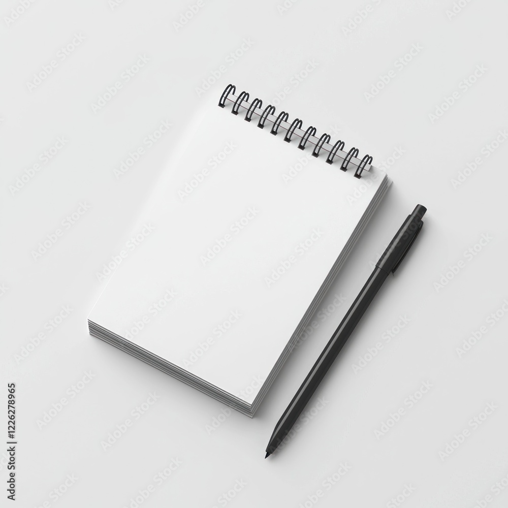 Blank Spiral Notepad and Black Pen on Clean White Background Blank Spiral Notepad and Black Pen on Clean White Background