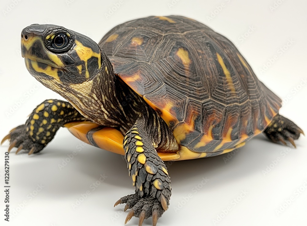 Fototapeta premium Close-Up of a Colorful Turtle on a Light Background Showcasing Its Unique Shell Patterns and Vibrant Colors in an Indoor Setting