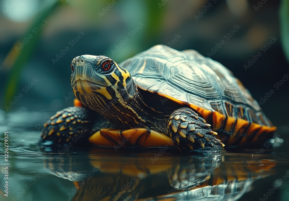 Naklejka premium Close-Up of a Colorful Turtle Swimming Gracefully in a Serene Pond Surrounded by Lush Greenery and Reflections of Nature
