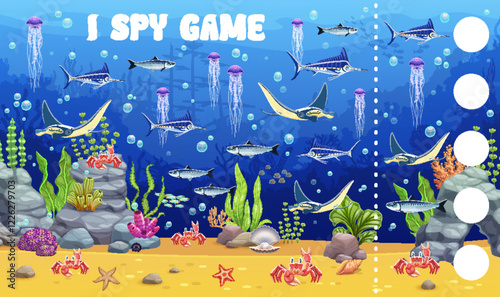 I spy game kids game worksheet with funny sea underwater animals. Calculation quiz, counting I spy puzzle vector worksheet with manta ray, marlin swordfish, jellyfish and crab, sea shell, seaweeds