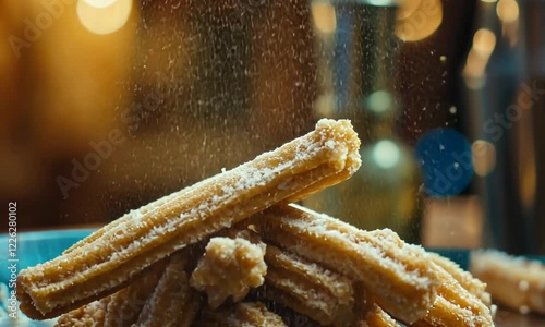 Delicious churros dusted with sugar on a vibrant table