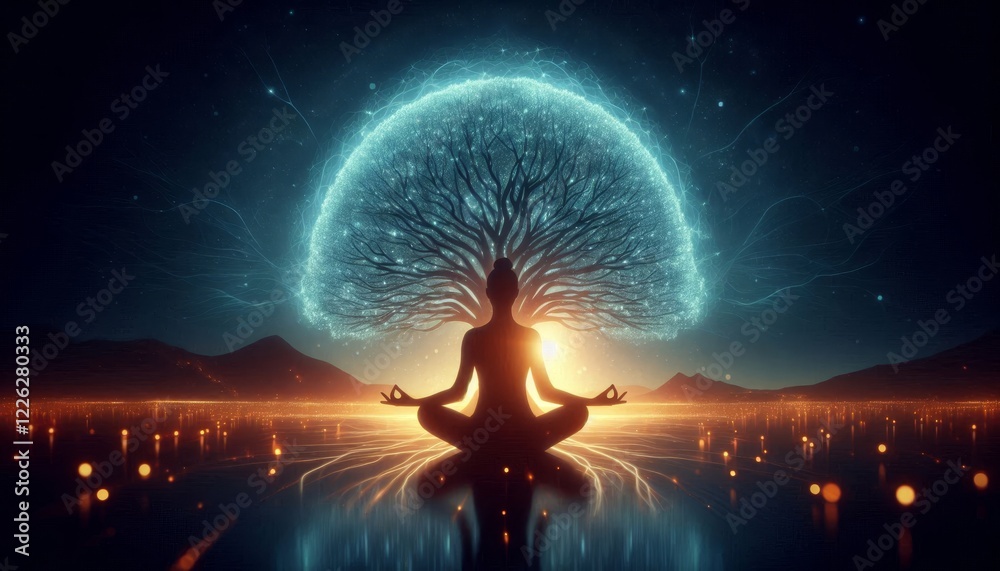 Obraz premium Meditative Essence of Tranquility and Growth - A serene scene depicting a meditative figure with a vibrant tree silhouette emanating an ethereal light, symbolizing connection and harmony.