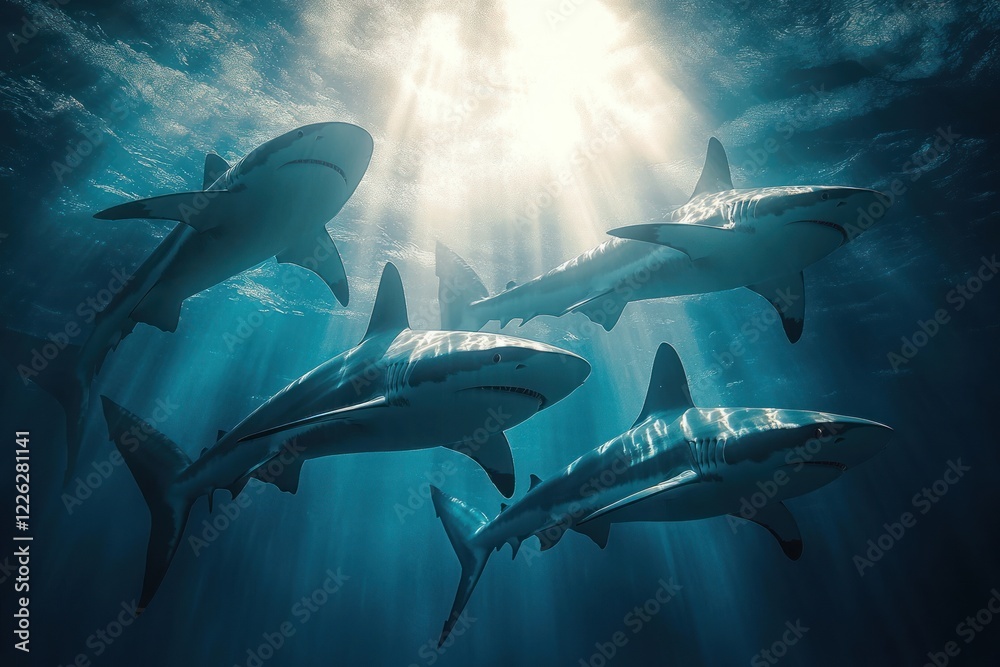 Obraz premium Dynamic underwater scene with majestic sharks swimming in sunlight