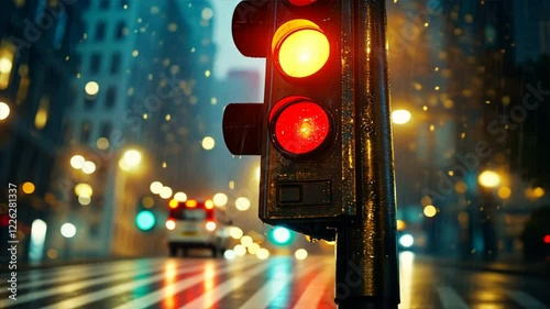 Illuminated red traffic light in rainy urban night, reflecting on wet street, with bokeh city lights creating vibrant atmosphere.