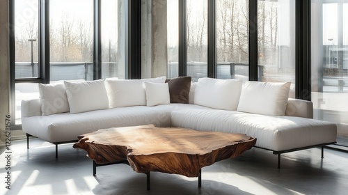 A Minimalist Living Room With A White Sectional Sofa And A Unique Wooden Coffee Table. The Large Windows Offer A Bright And Airy Feel.