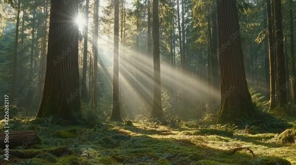 Fototapeta premium Sunbeams Illuminate Mossy Forest Floor Amid Tall Trees