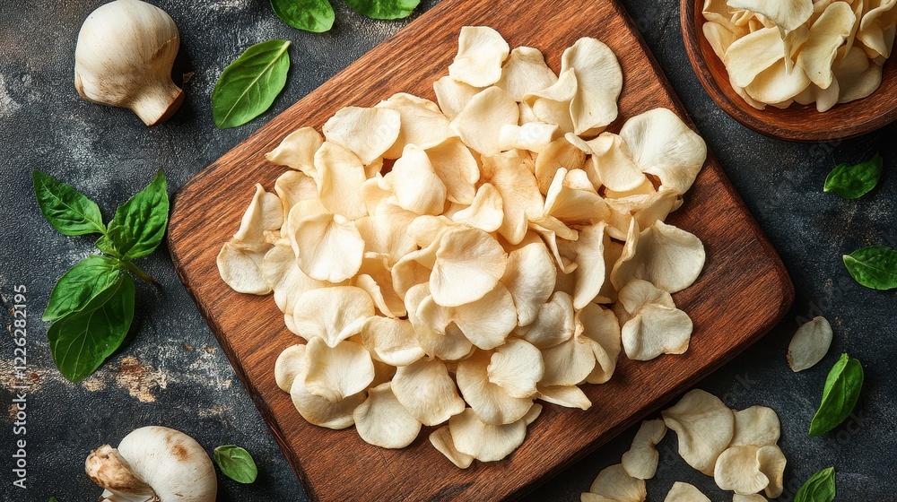 Crispy mushroom chips on wooden board, garnished with basil. Perfect for healthy snacking, food blogs, or culinary websites. Crispy mushroom chips on wooden board, garnished with basil. Perfect for healthy snacking, food blogs, or culinary websites.