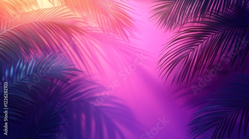 Vibrant pink and purple sunset backdrop with tropical palm leaves.