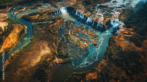 Aerial view of cascading waterfalls, river bends, autumn foliage photo