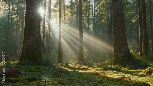 Sunbeams Illuminate Mossy Forest Floor Amid Tall Trees