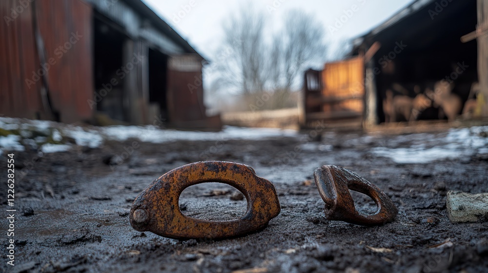Rusty metal objects on muddy ground near old barns. Rusty metal objects on muddy ground near old barns.