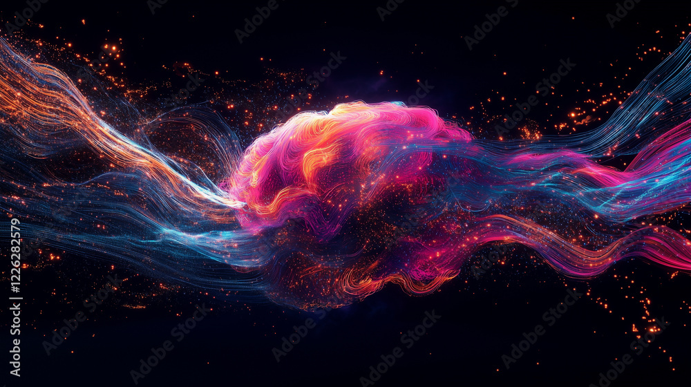 Obraz premium Colorful abstract representation of a brain surrounded by flowing energy in a dark backdrop at night